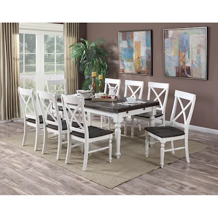 9 Piece Dining Set with Two-Tone Finished Leg Table and X Back Chairs